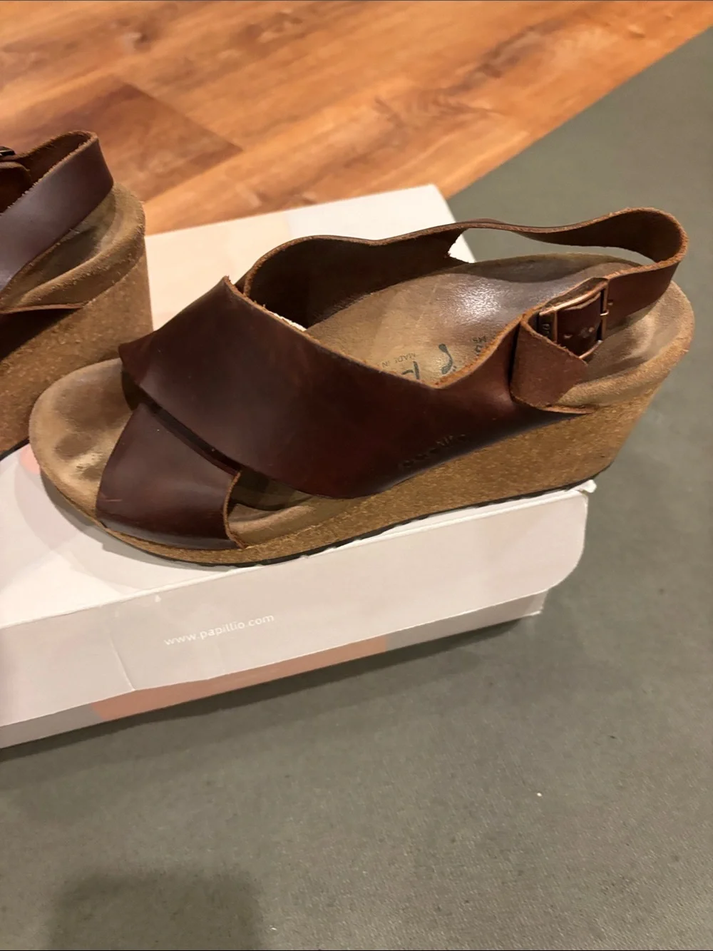 Papillio Brown Leather Crisscross Wedge Sandals